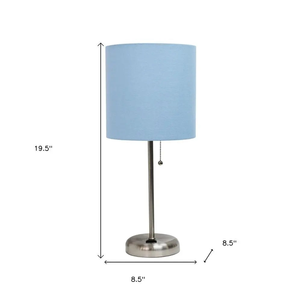 Set of Two 20" Silver Metal Table Lamp With Blue Drum Shade HomeRoots