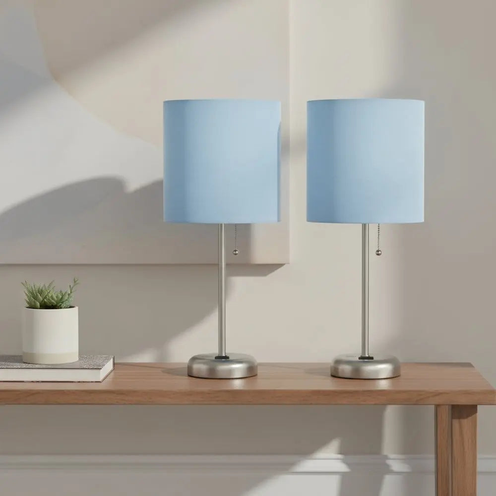 Set of Two 20" Silver Metal Table Lamp With Blue Drum Shade HomeRoots