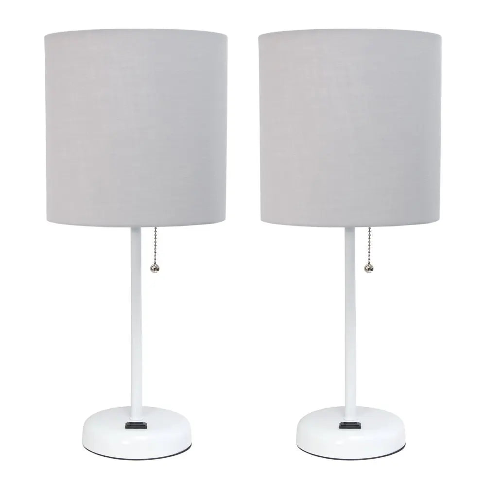 Set of Two 20" White Metal Table Lamp With Gray Drum Shade HomeRoots