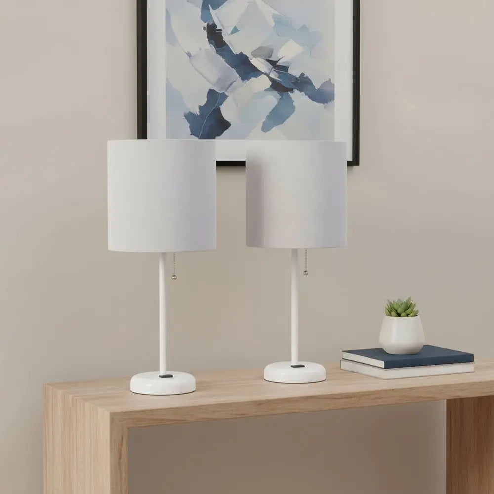 Set of Two 20" White Metal Table Lamp With Gray Drum Shade HomeRoots