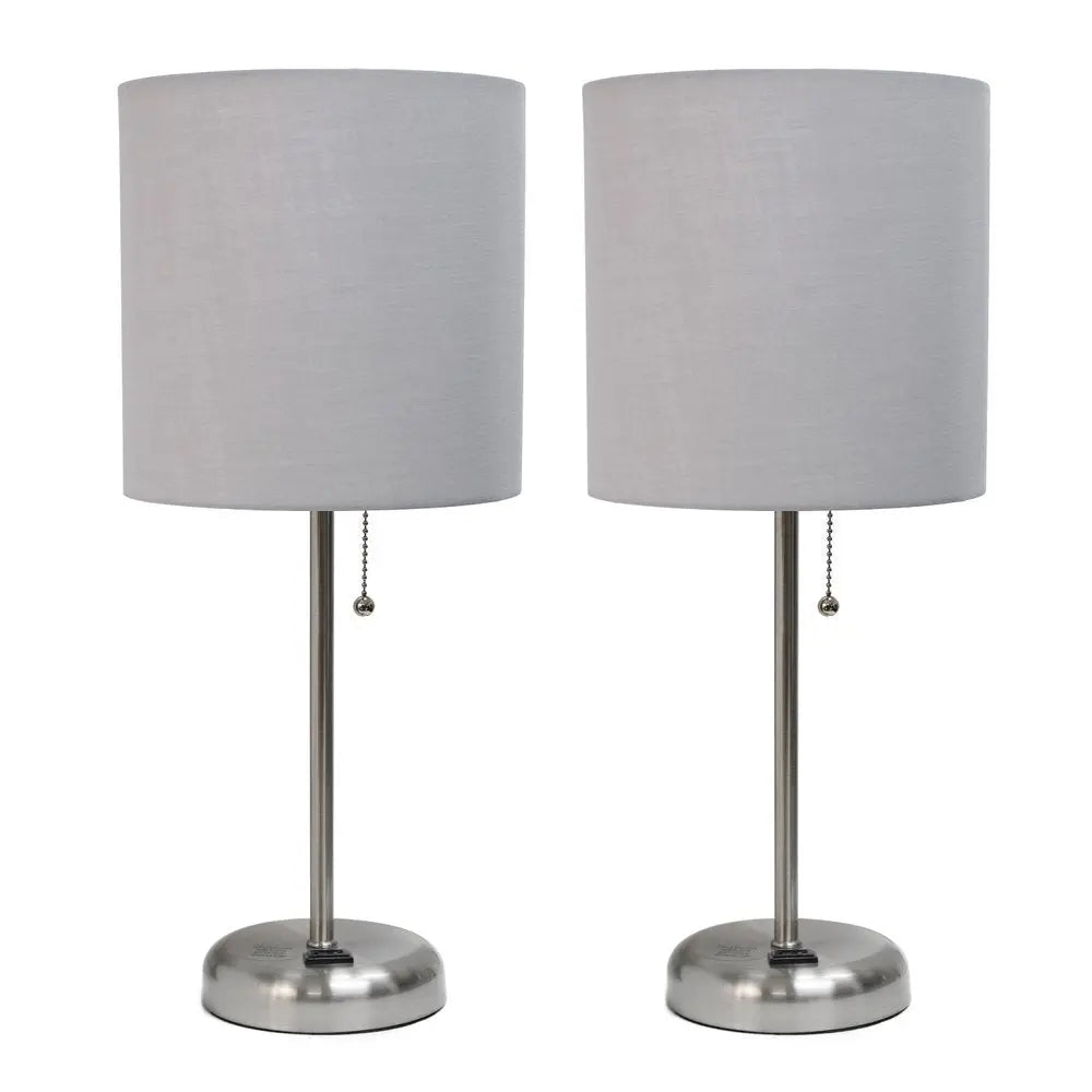 Set of Two 20" Silver Metal Table Lamp With Gray Drum Shade HomeRoots