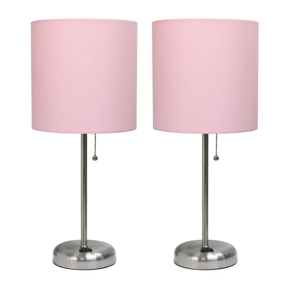 Set of Two 20" Silver Metal Table Lamp With Light Pink Drum Shade HomeRoots