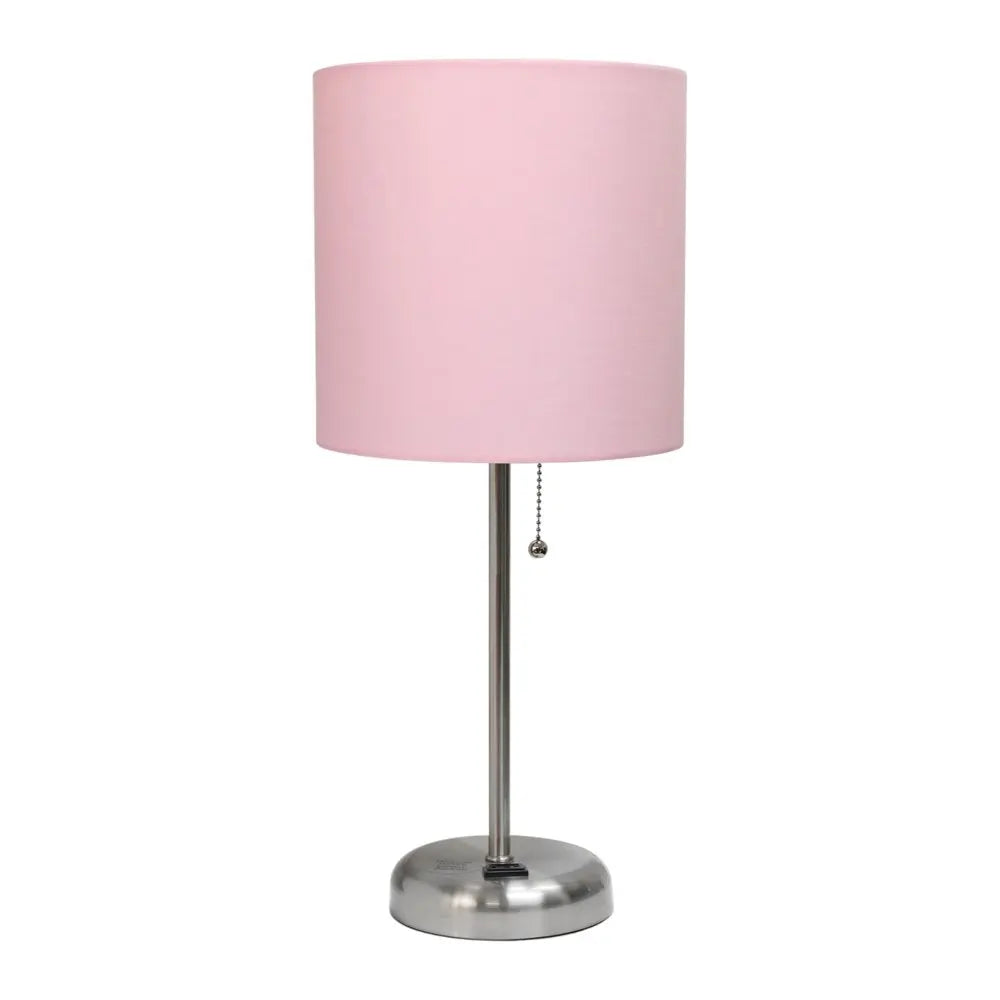 Set of Two 20" Silver Metal Table Lamp With Light Pink Drum Shade HomeRoots