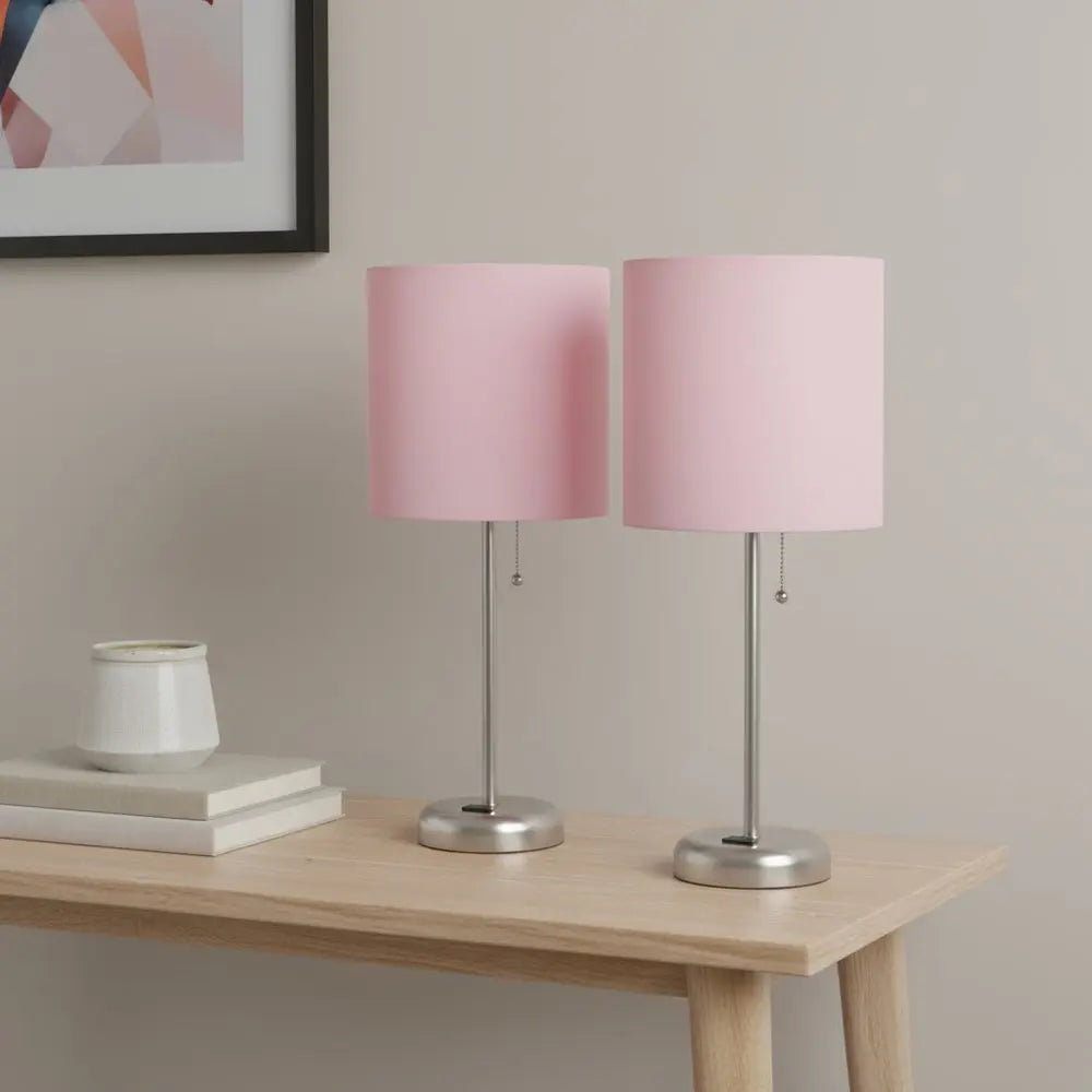 Set of Two 20" Silver Metal Table Lamp With Light Pink Drum Shade HomeRoots