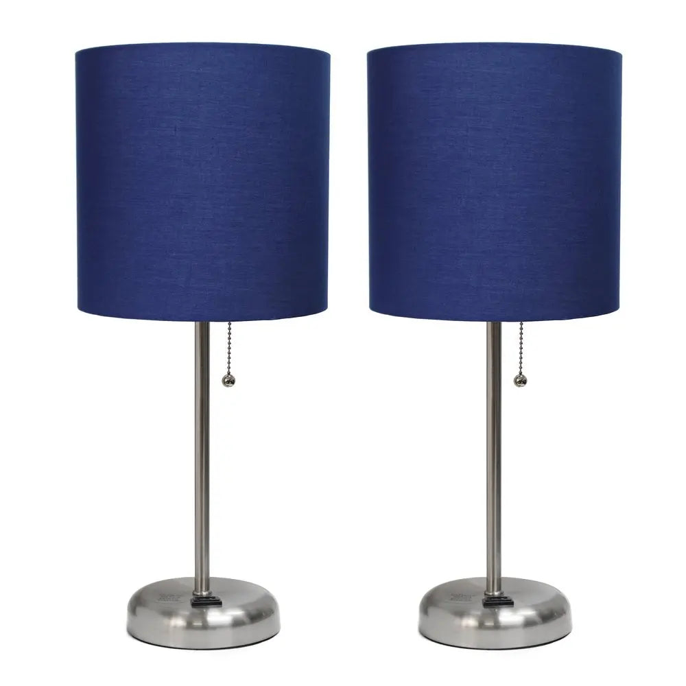 Set of Two 20" Silver Metal Table Lamp With Navy Blue Drum Shade HomeRoots