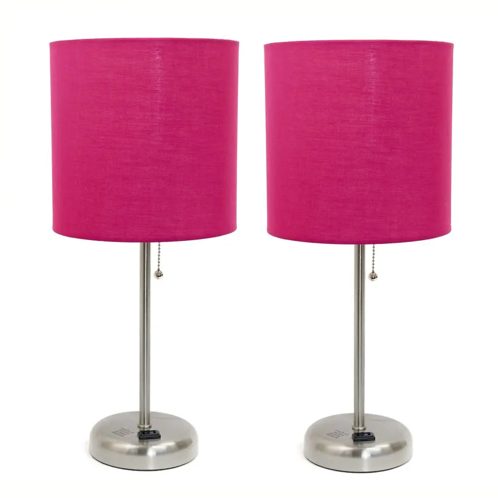 Set of Two 20" Silver Metal Table Lamp With Pink Drum Shade HomeRoots