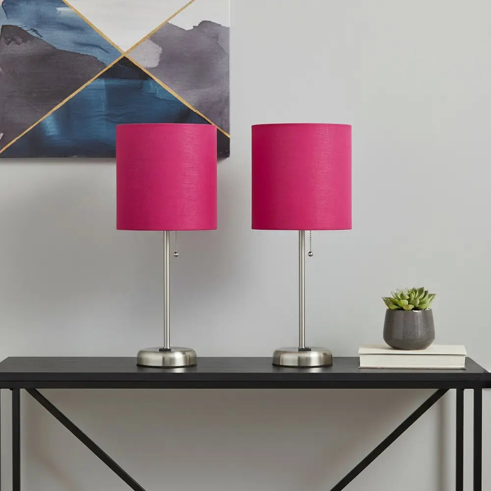 Set of Two 20" Silver Metal Table Lamp With Pink Drum Shade HomeRoots