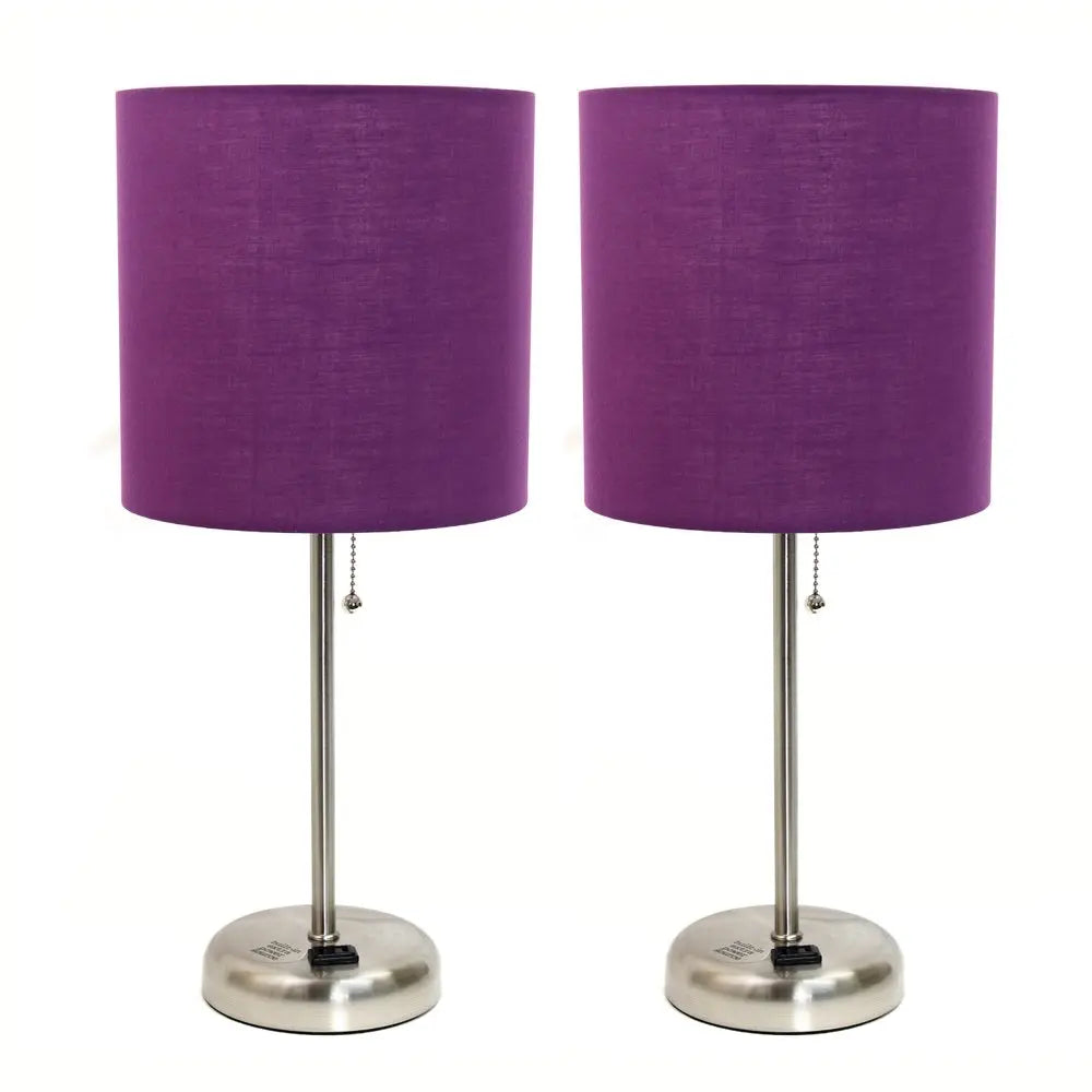 Set of Two 20" Silver Metal Table Lamp With Purple Drum Shade HomeRoots