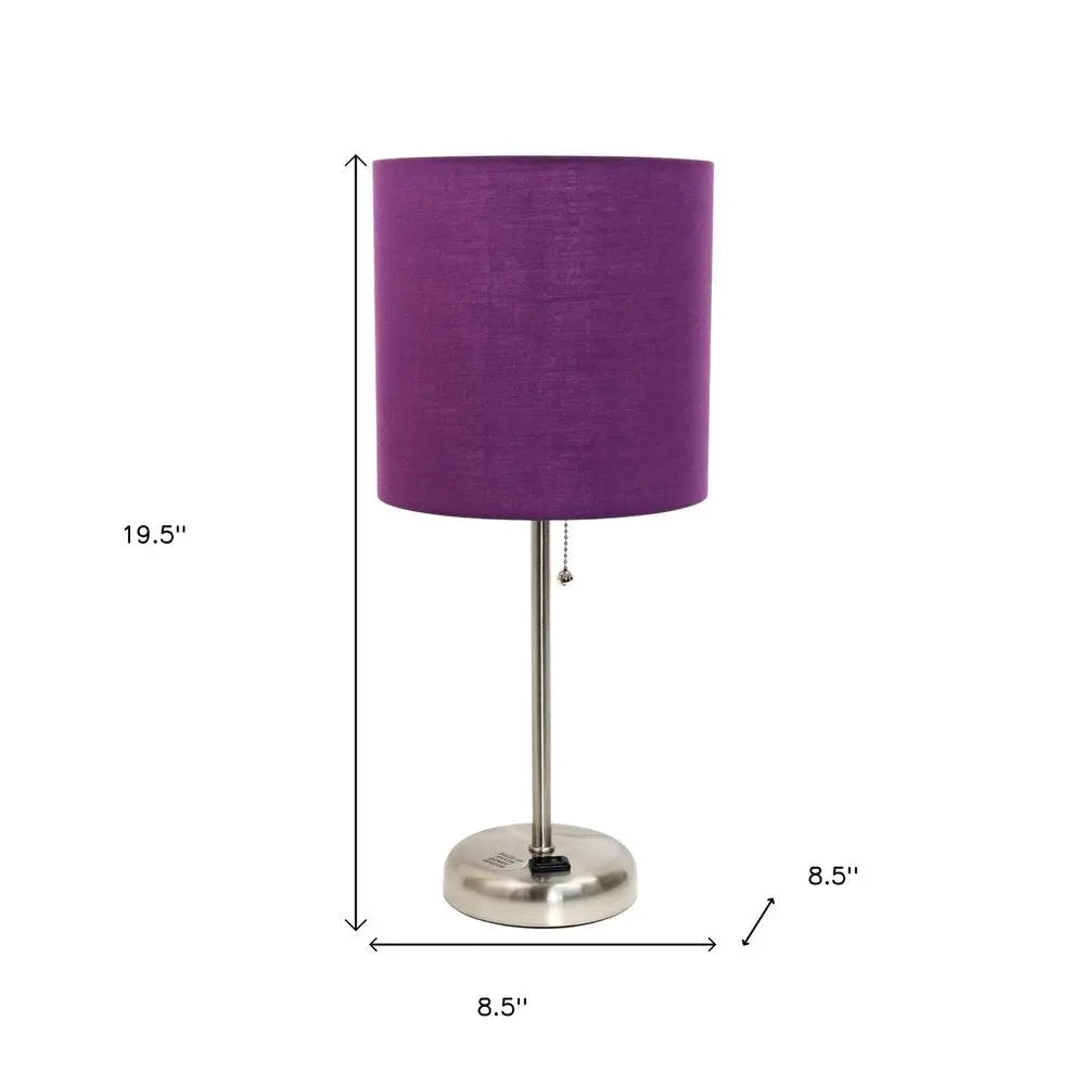 Set of Two 20" Silver Metal Table Lamp With Purple Drum Shade HomeRoots