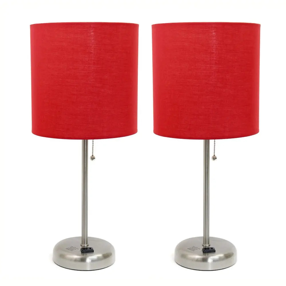 Set of Two 20" Silver Metal Table Lamp With Red Drum Shade HomeRoots
