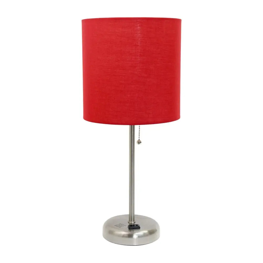 Set of Two 20" Silver Metal Table Lamp With Red Drum Shade HomeRoots