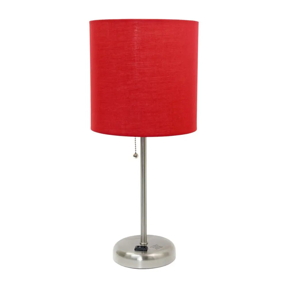 Set of Two 20" Silver Metal Table Lamp With Red Drum Shade HomeRoots