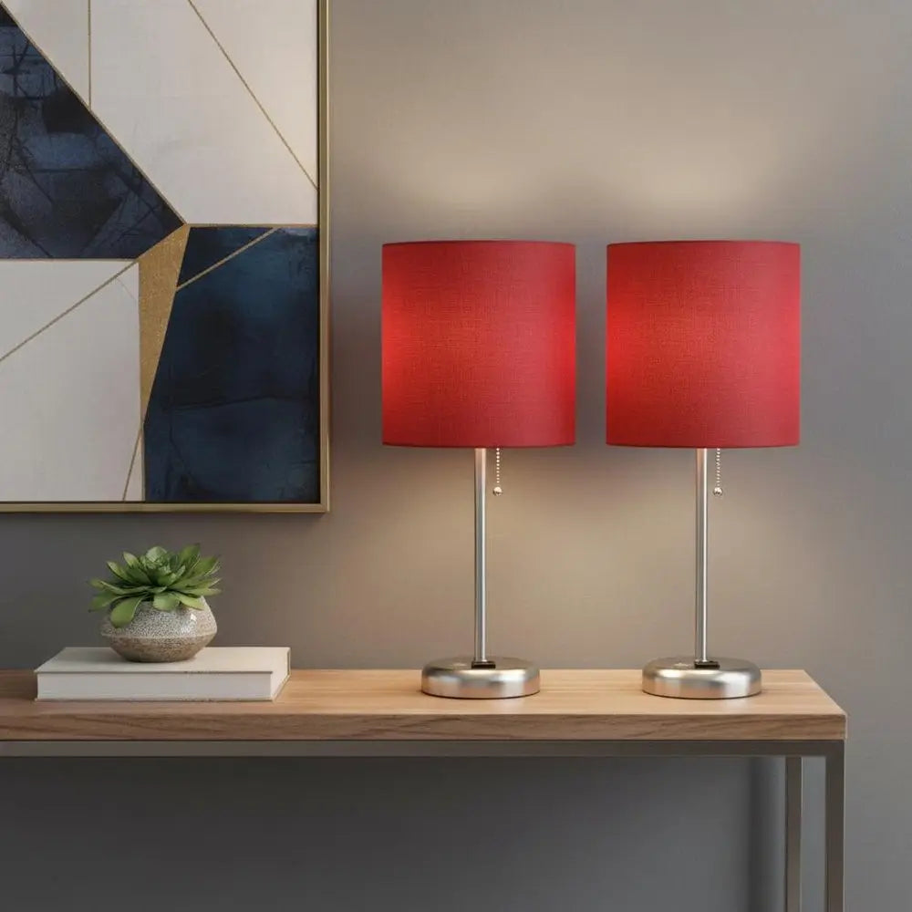 Set of Two 20" Silver Metal Table Lamp With Red Drum Shade HomeRoots