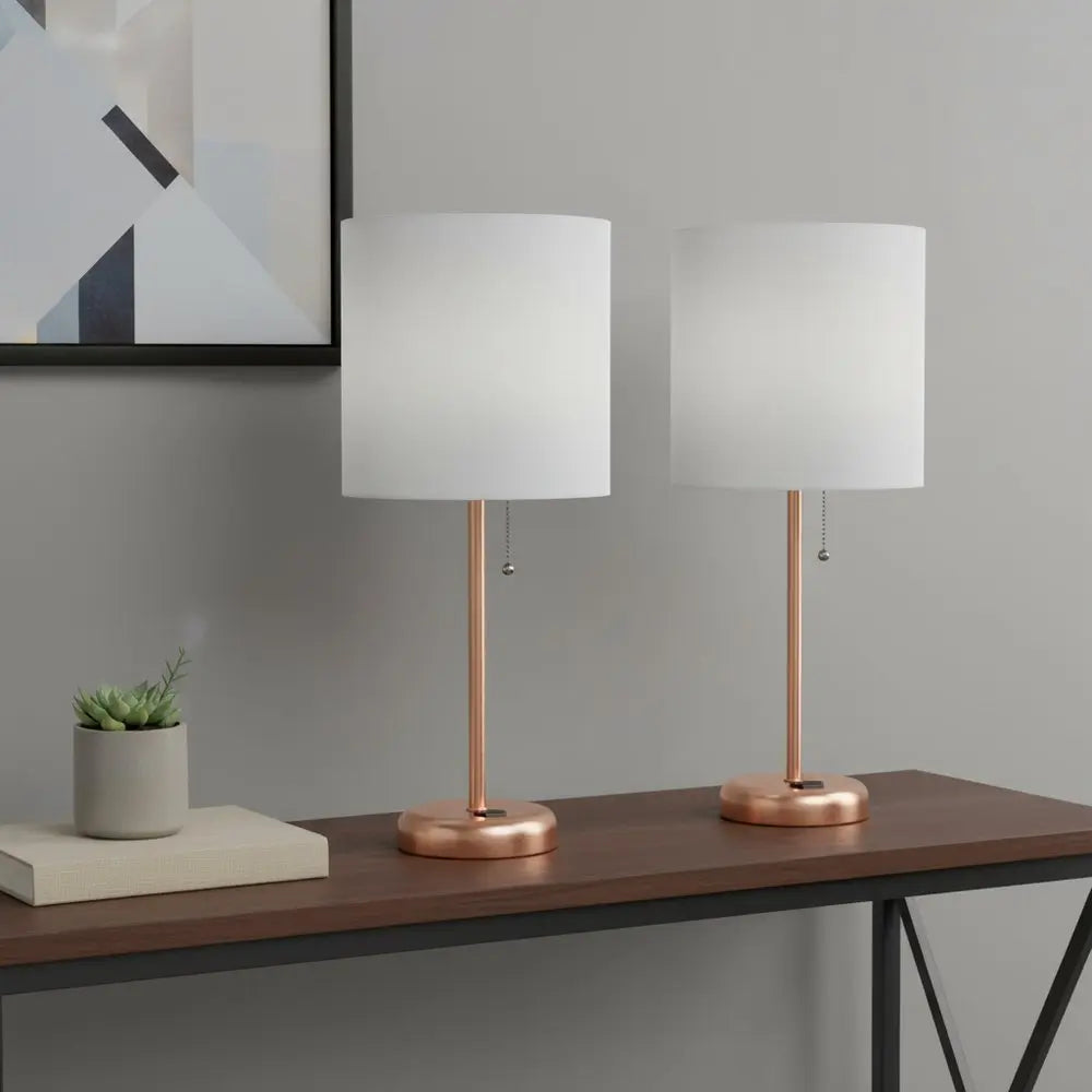 Set of Two 20" Rose Gold Metal Table Lamp With White Drum Shade HomeRoots