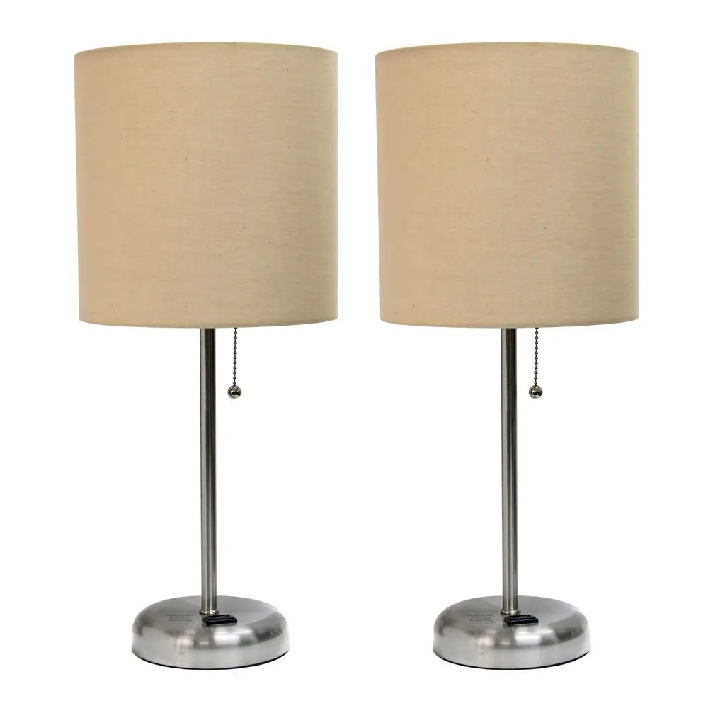 Set of Two 20" Silver Metal Table Lamp With Tan Drum Shade HomeRoots