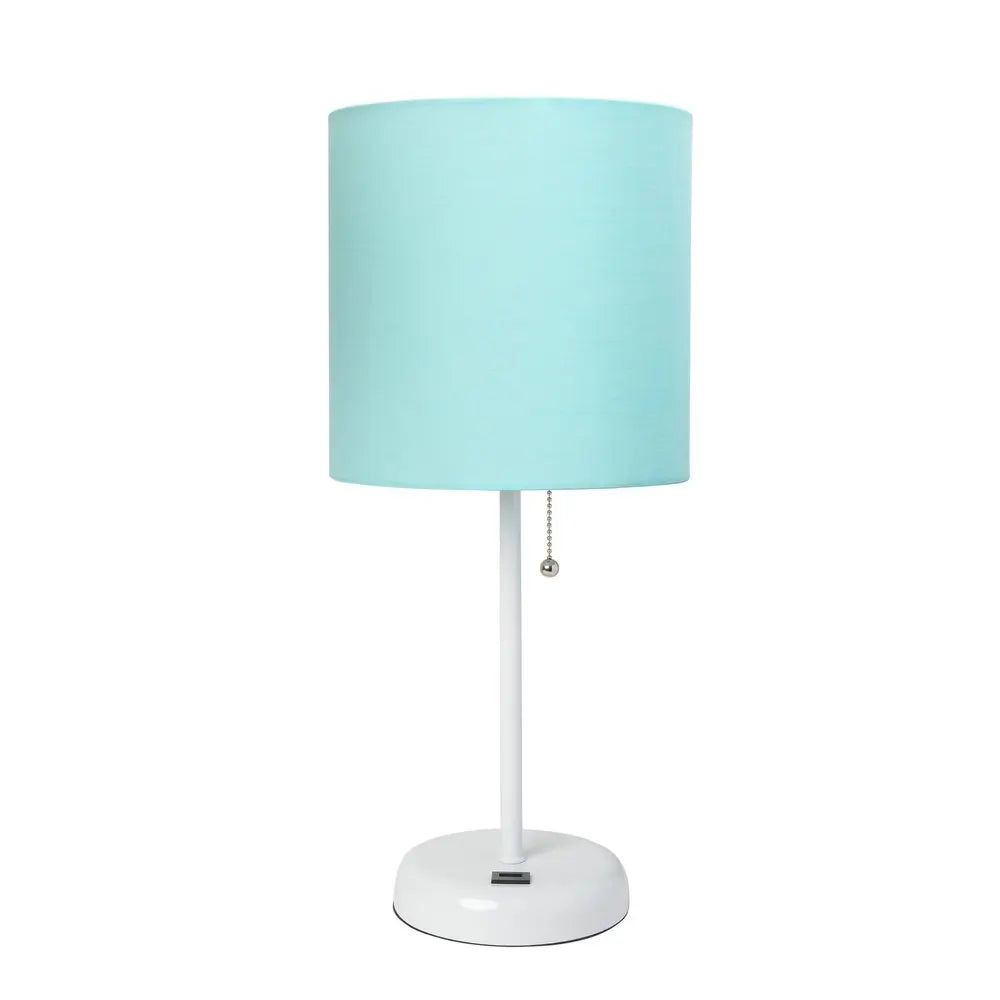 20" White Metal USB Table Lamp LED With Aqua Drum Shade HomeRoots