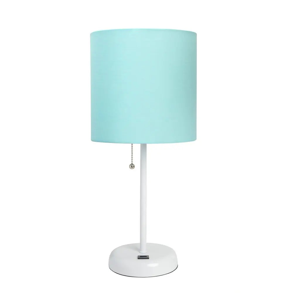 20" White Metal USB Table Lamp LED With Aqua Drum Shade HomeRoots