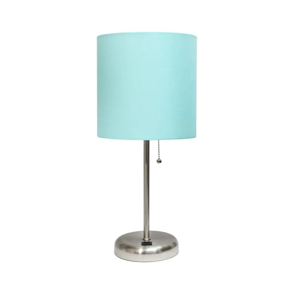 20" Silver Metal USB Table Lamp LED With Aqua Drum Shade HomeRoots