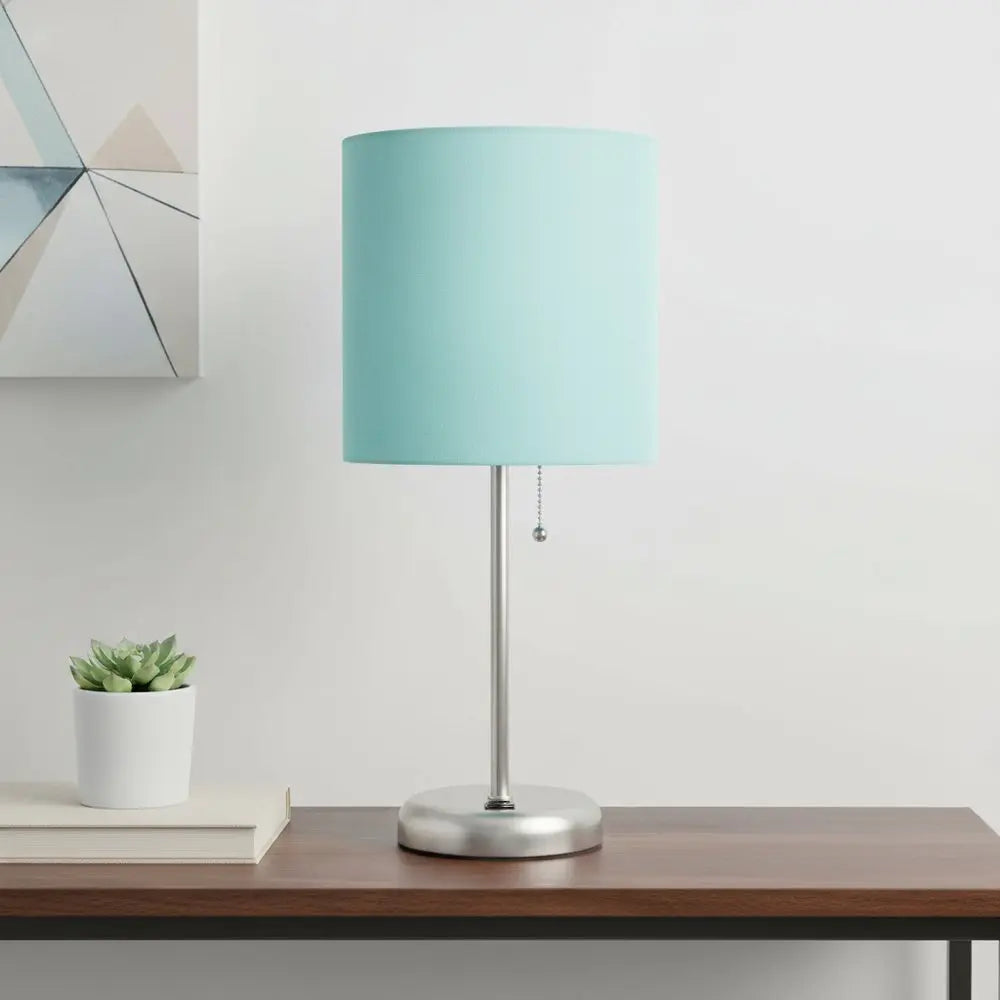 20" Silver Metal USB Table Lamp LED With Aqua Drum Shade HomeRoots