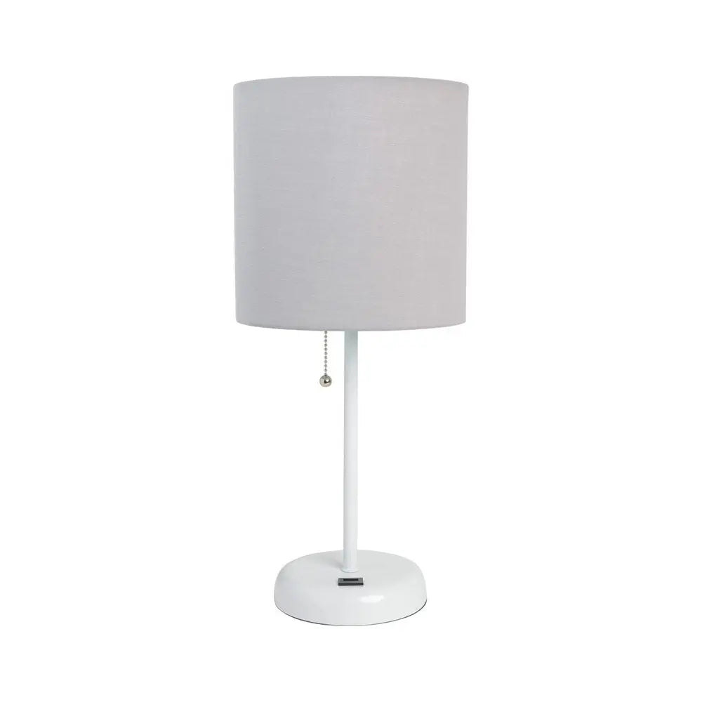 20" White Metal USB Table Lamp LED With Gray Drum Shade HomeRoots