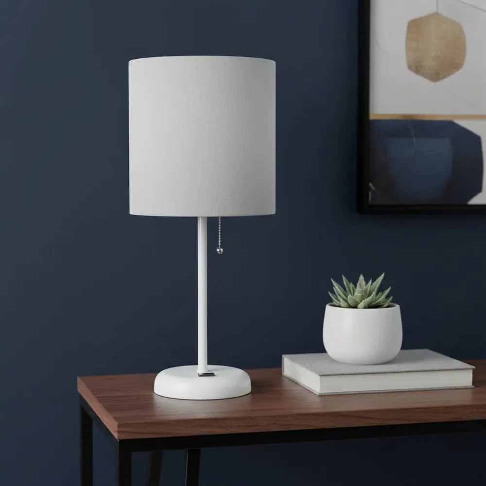 20" White Metal USB Table Lamp LED With Gray Drum Shade HomeRoots