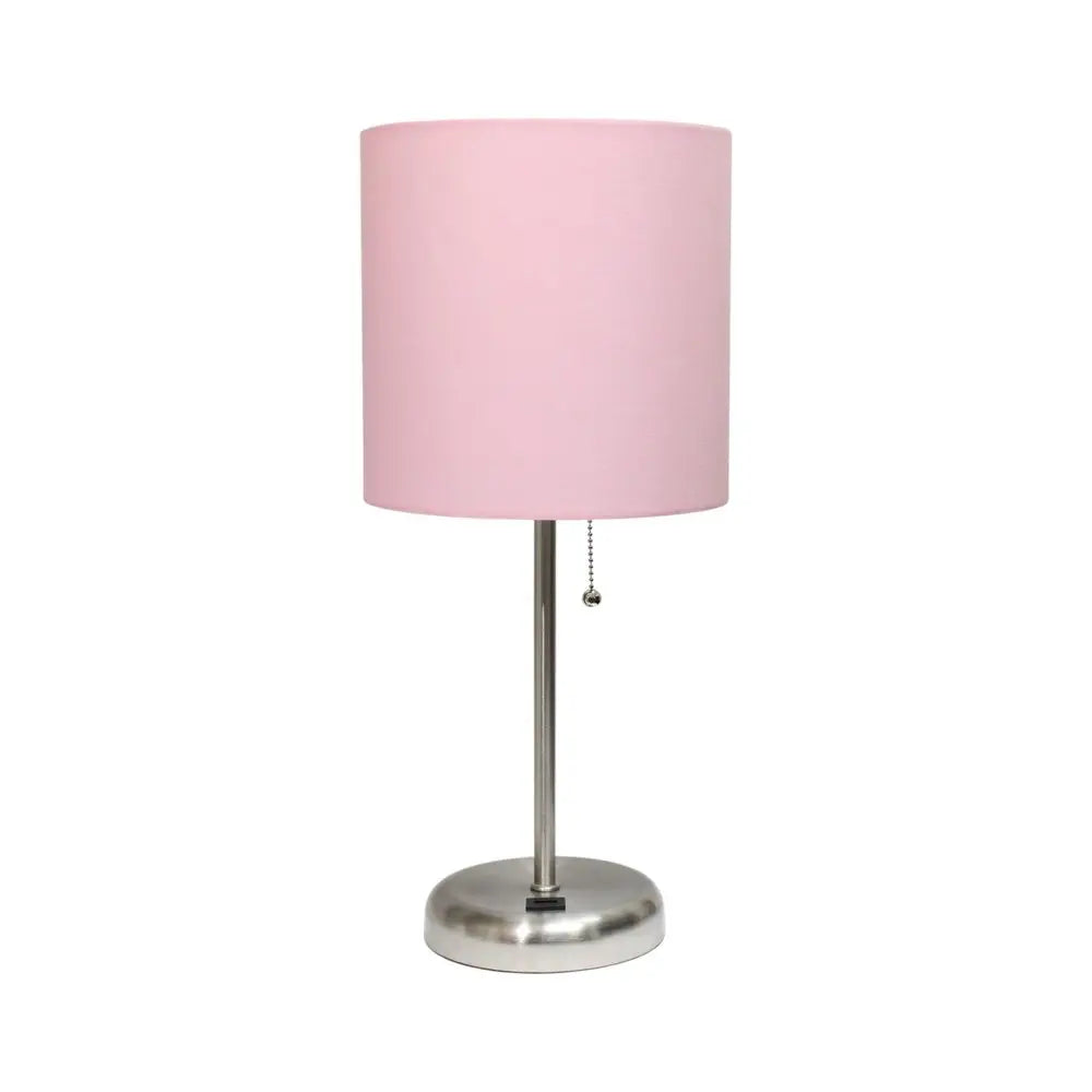 20" Silver Metal USB Table Lamp LED With Light Pink Drum Shade HomeRoots