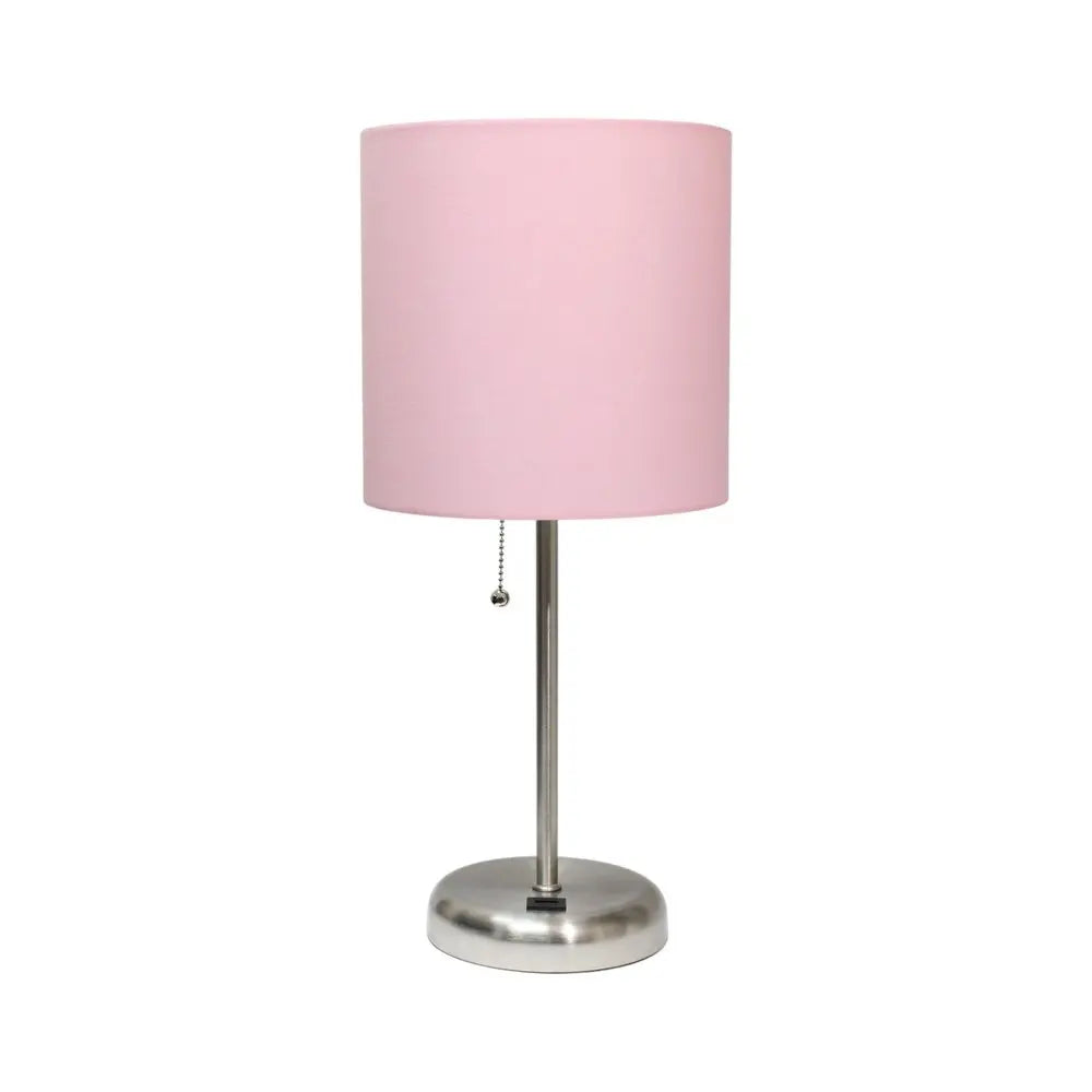 20" Silver Metal USB Table Lamp LED With Light Pink Drum Shade HomeRoots