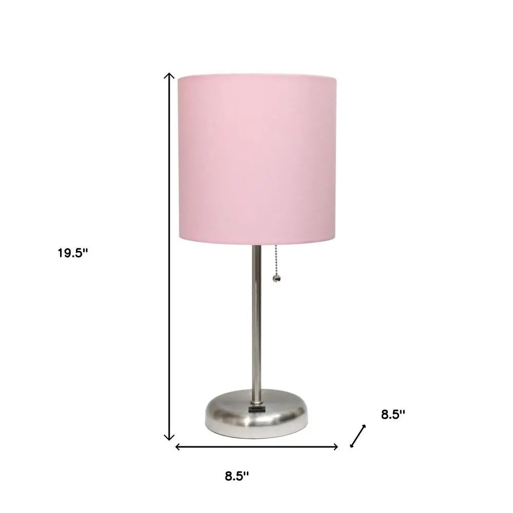 20" Silver Metal USB Table Lamp LED With Light Pink Drum Shade HomeRoots
