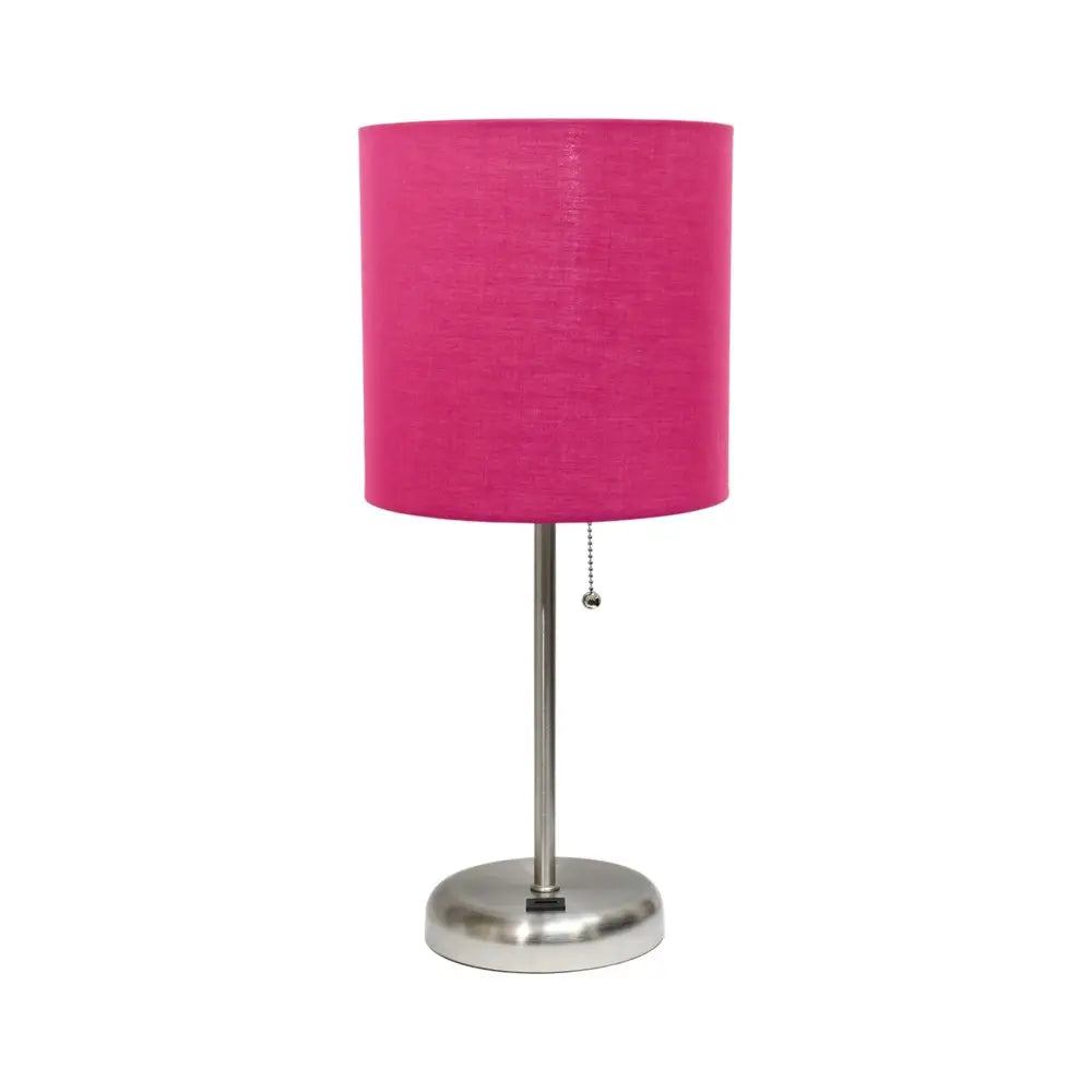 20" Silver Metal USB Table Lamp LED With Pink Drum Shade HomeRoots