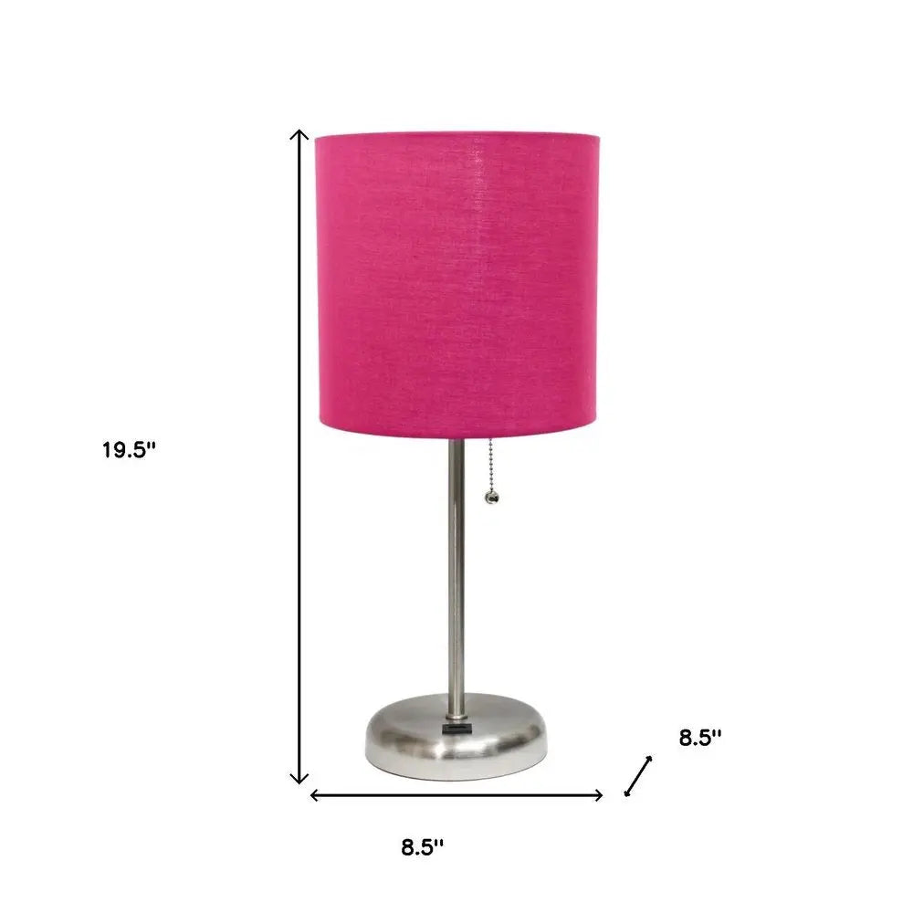 20" Silver Metal USB Table Lamp LED With Pink Drum Shade HomeRoots