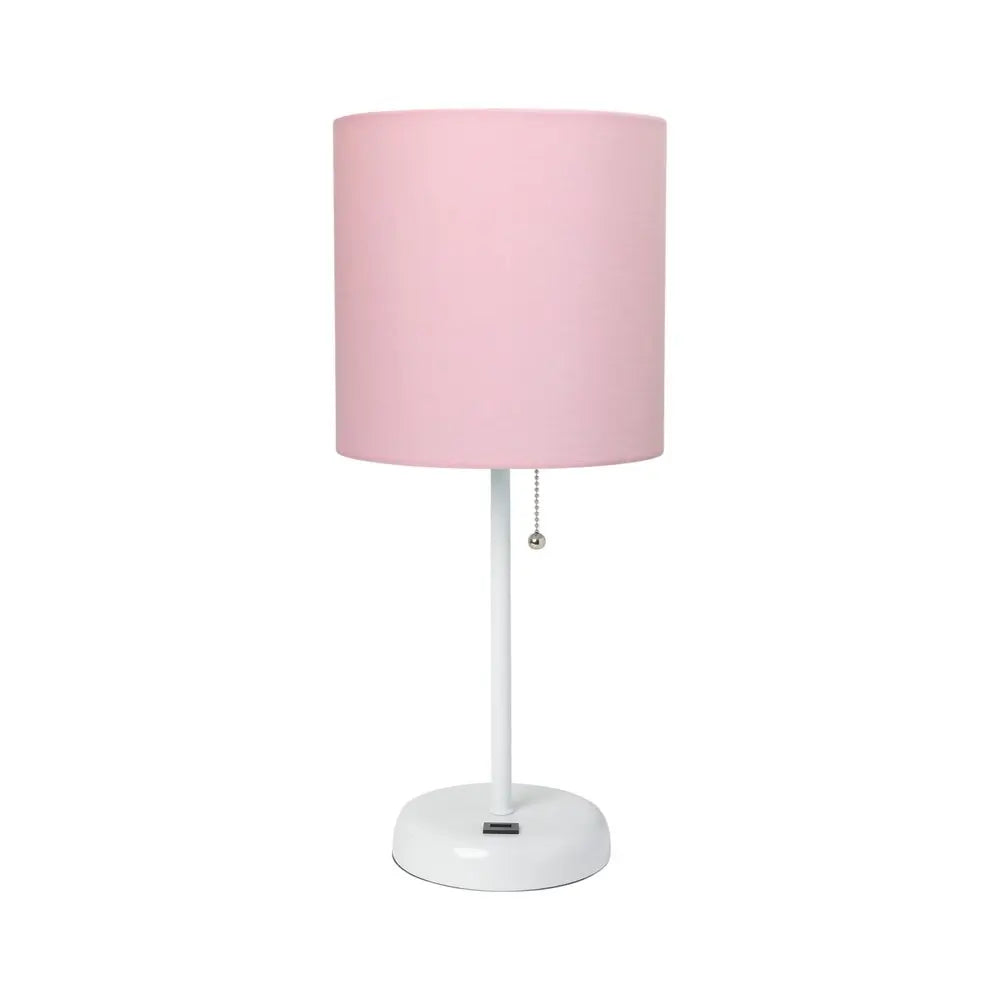 20" White Metal USB Table Lamp LED With Pink Drum Shade HomeRoots