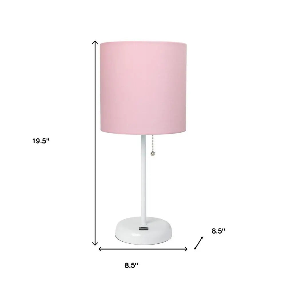 20" White Metal USB Table Lamp LED With Pink Drum Shade HomeRoots