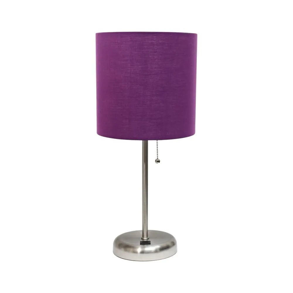 20" Silver Metal USB Table Lamp LED With Purple Drum Shade HomeRoots