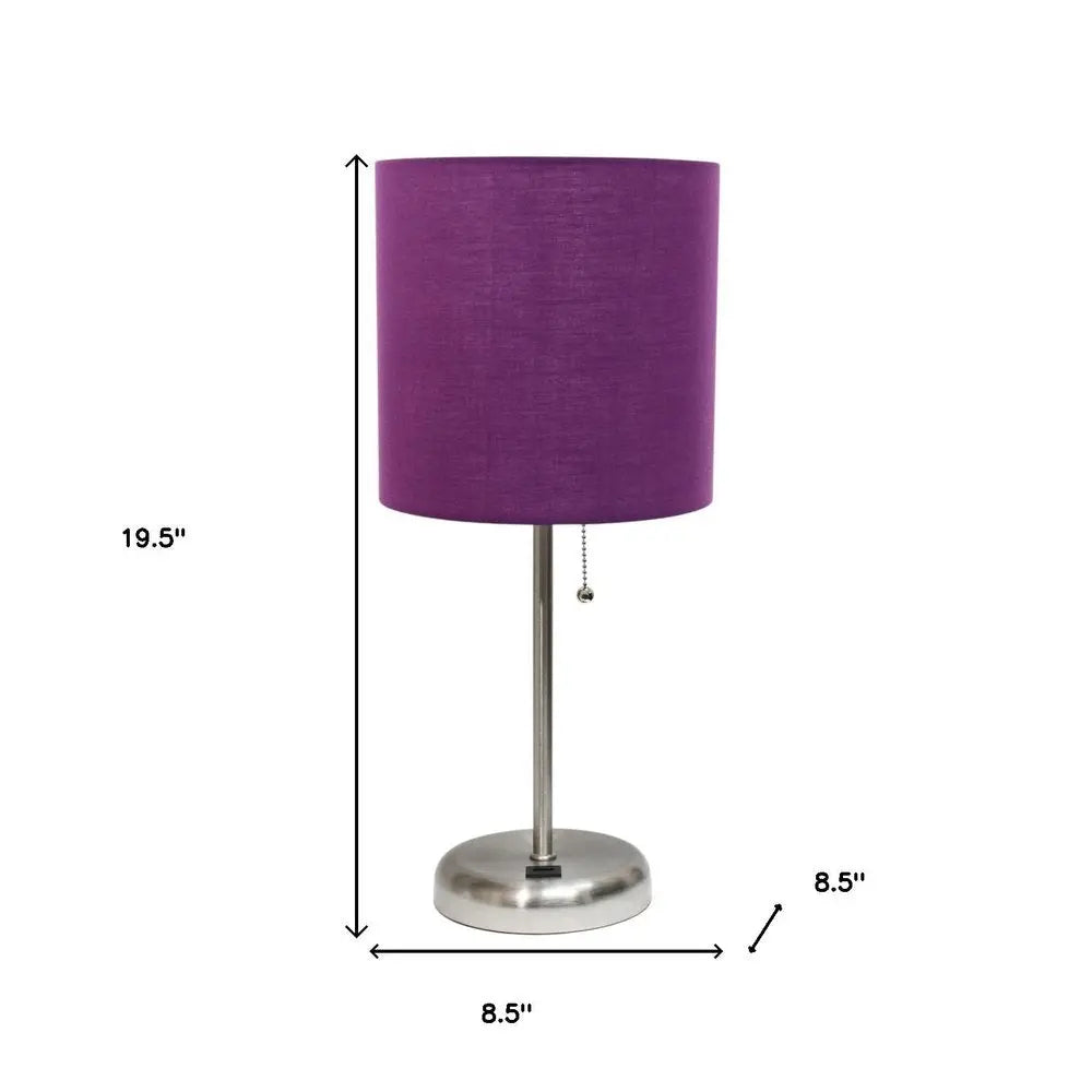 20" Silver Metal USB Table Lamp LED With Purple Drum Shade HomeRoots