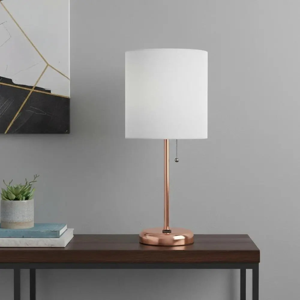 20" Rose Gold Metal USB Table Lamp LED With White Drum Shade HomeRoots