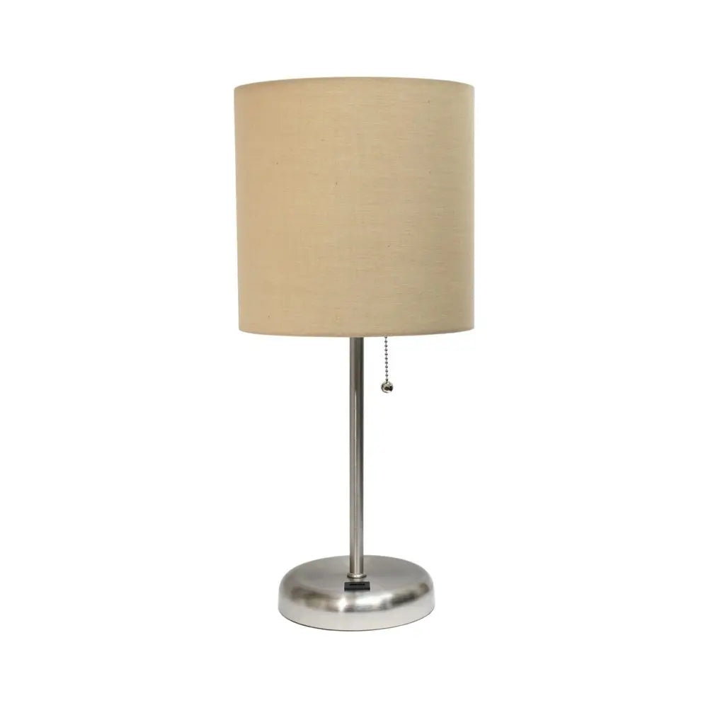 20" Silver Metal USB Table Lamp LED With Tan Drum Shade HomeRoots