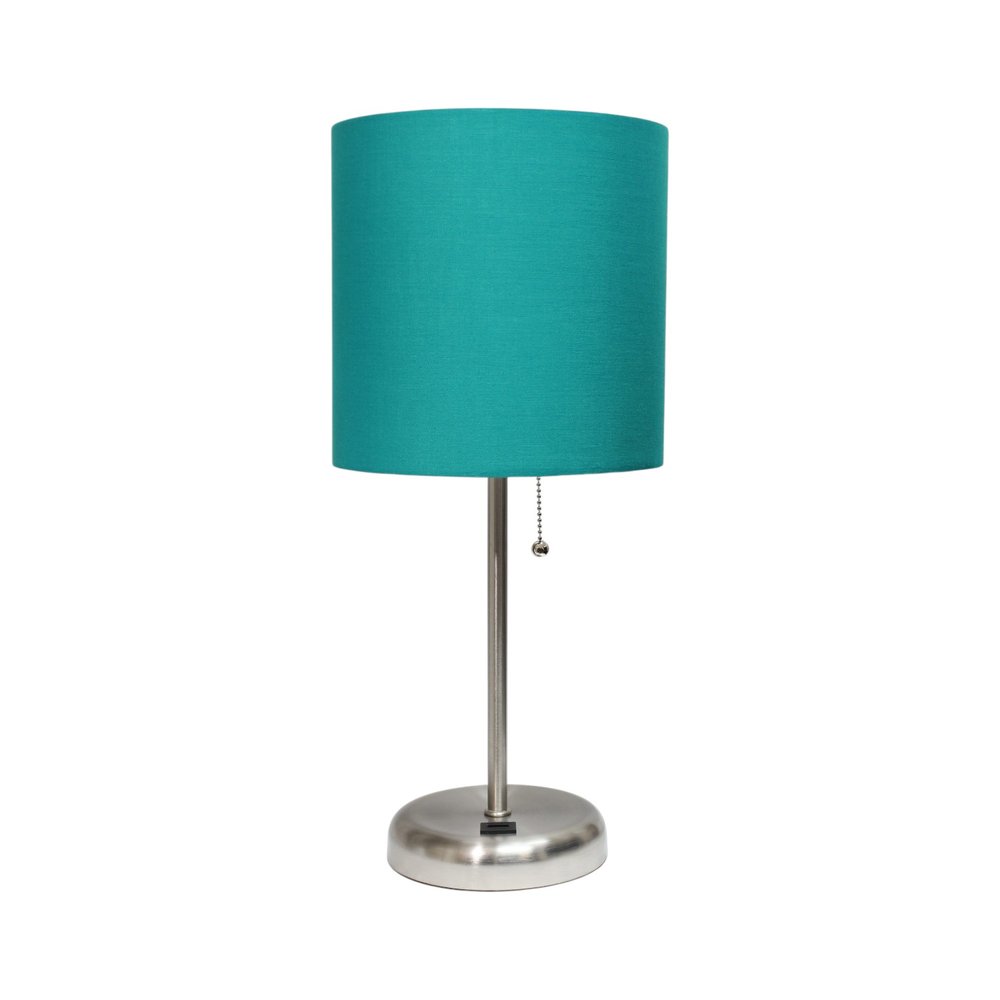 20" Silver Metal USB Table Lamp LED With Teal Blue Drum Shade