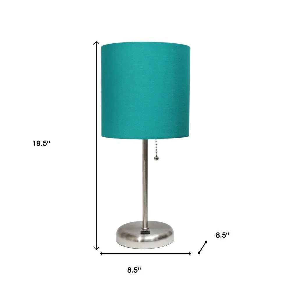 20" Silver Metal USB Table Lamp LED With Teal Blue Drum Shade HomeRoots