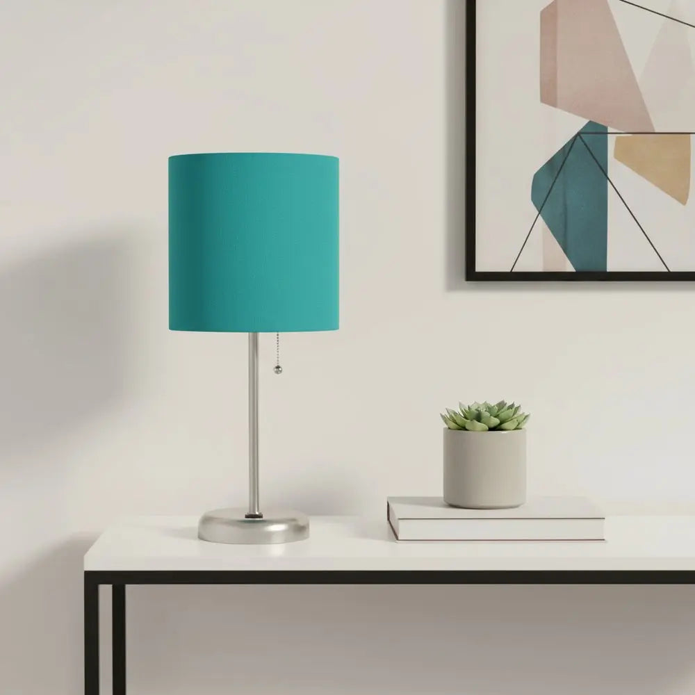 20" Silver Metal USB Table Lamp LED With Teal Blue Drum Shade HomeRoots