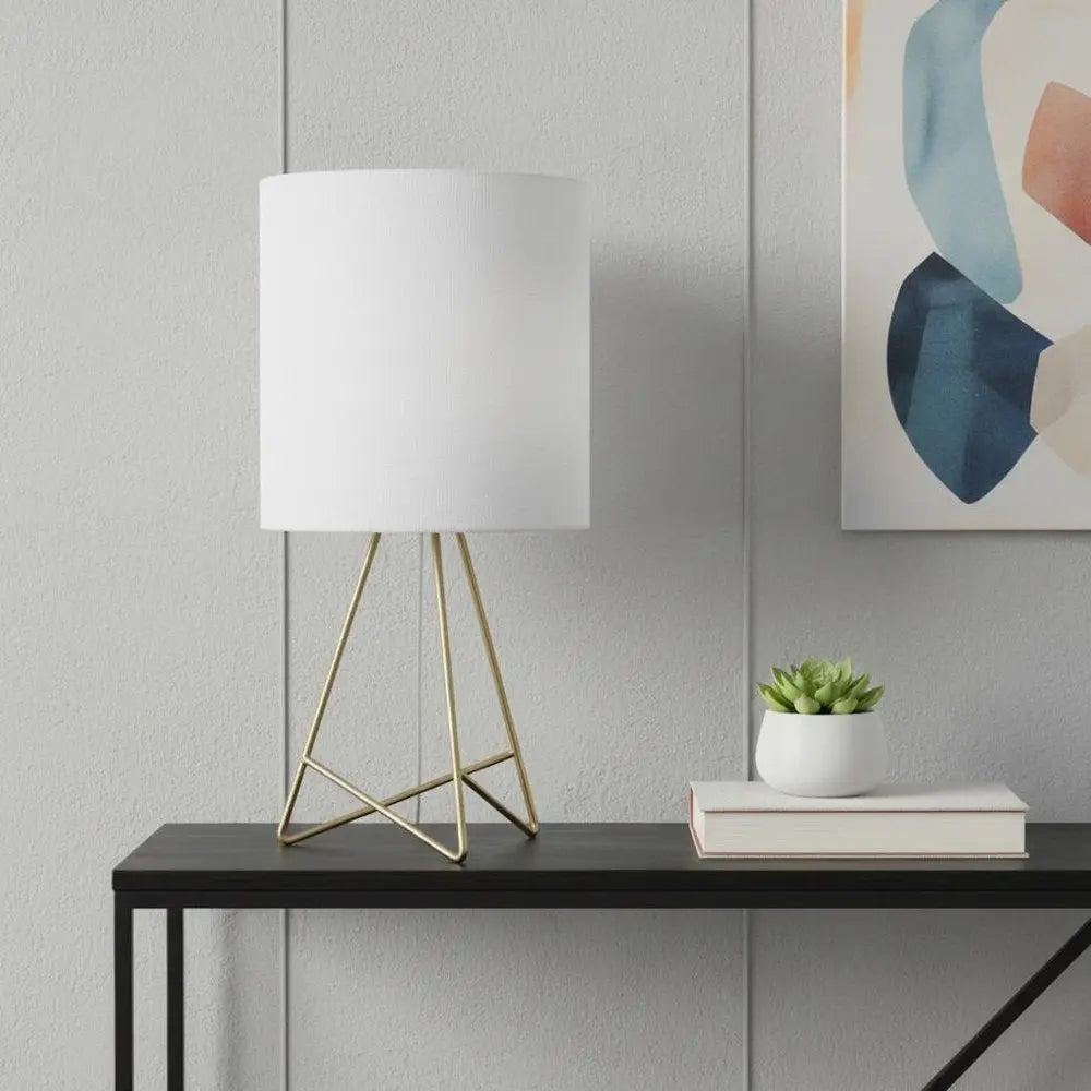 14" Gold Metal Tripod Table Lamp With White Drum Shade HomeRoots