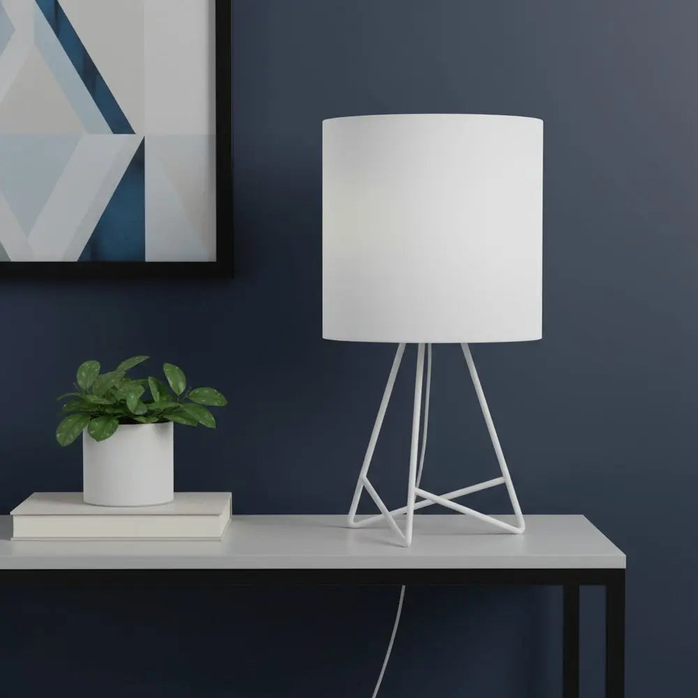 14" White Metal Tripod Table Lamp LED With White Drum Shade HomeRoots