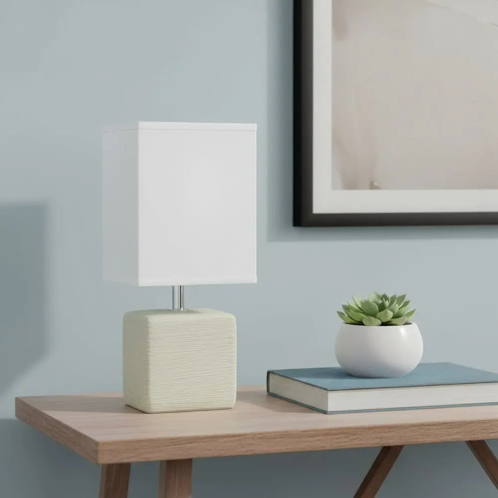 12" Off White Ceramic Square Table Lamp With White Shade HomeRoots