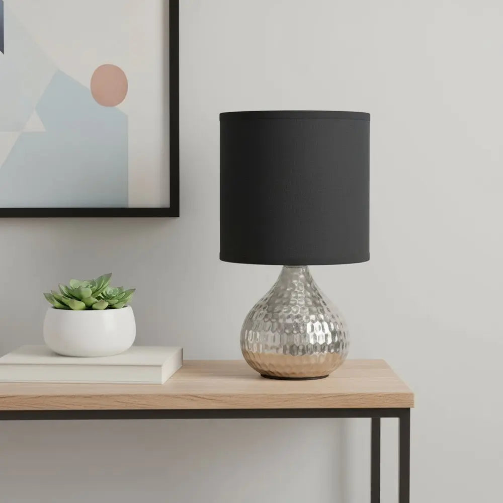 9" Silver Metal Round Table Lamp With Black Drum Shade HomeRoots