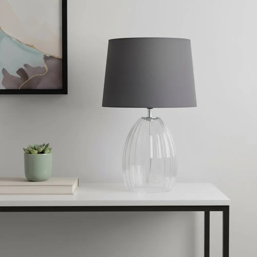 18" Clear Glass Novelty Table Lamp With Gray Drum Shade HomeRoots