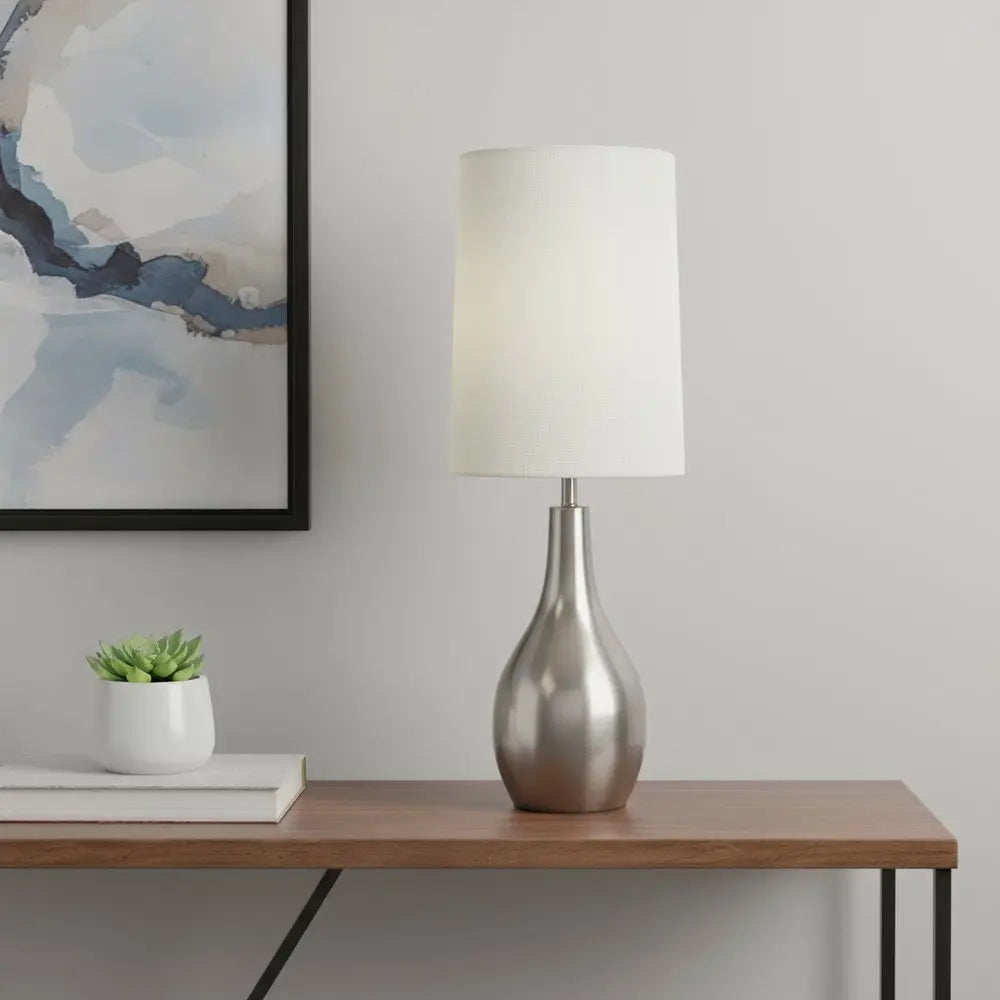 20" Nickel Metal Round Table Lamp With White Drum Shade HomeRoots