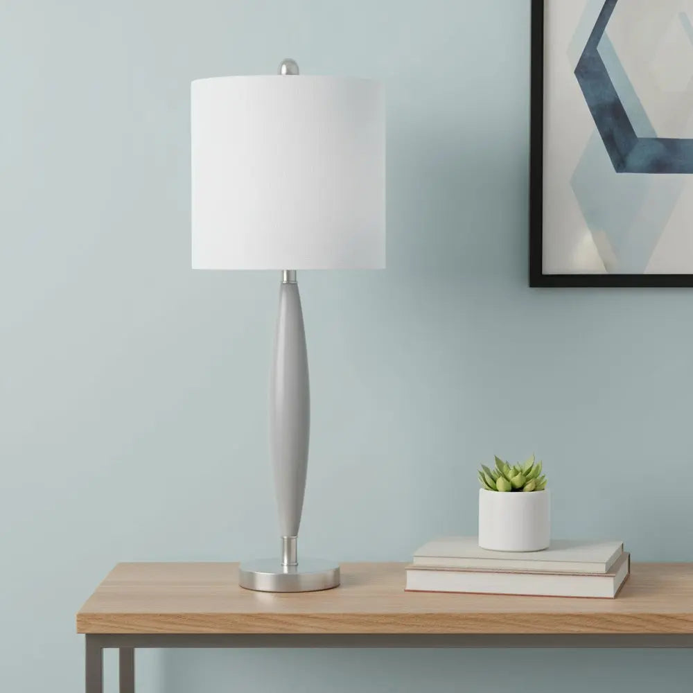 27" Gray And Silver Metal Novelty Table Lamp With White Drum Shade HomeRoots