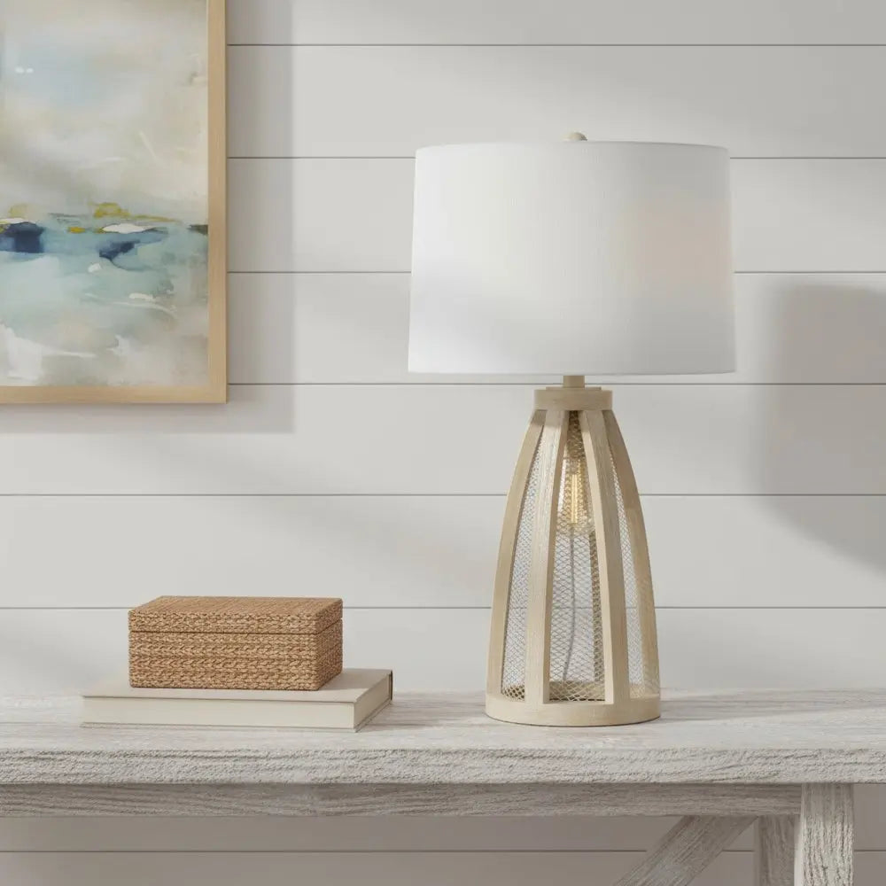 29" Natural And White Manufactured Wood And Metal Round Table Lamp With White Drum Shade HomeRoots