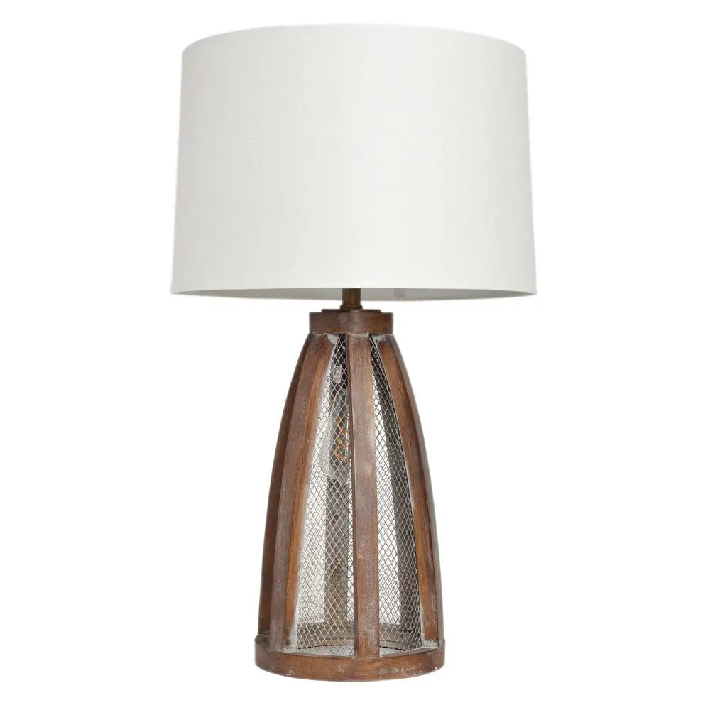 29" Natural Manufactured Wood And Metal Round Table Lamp With White Drum Shade HomeRoots