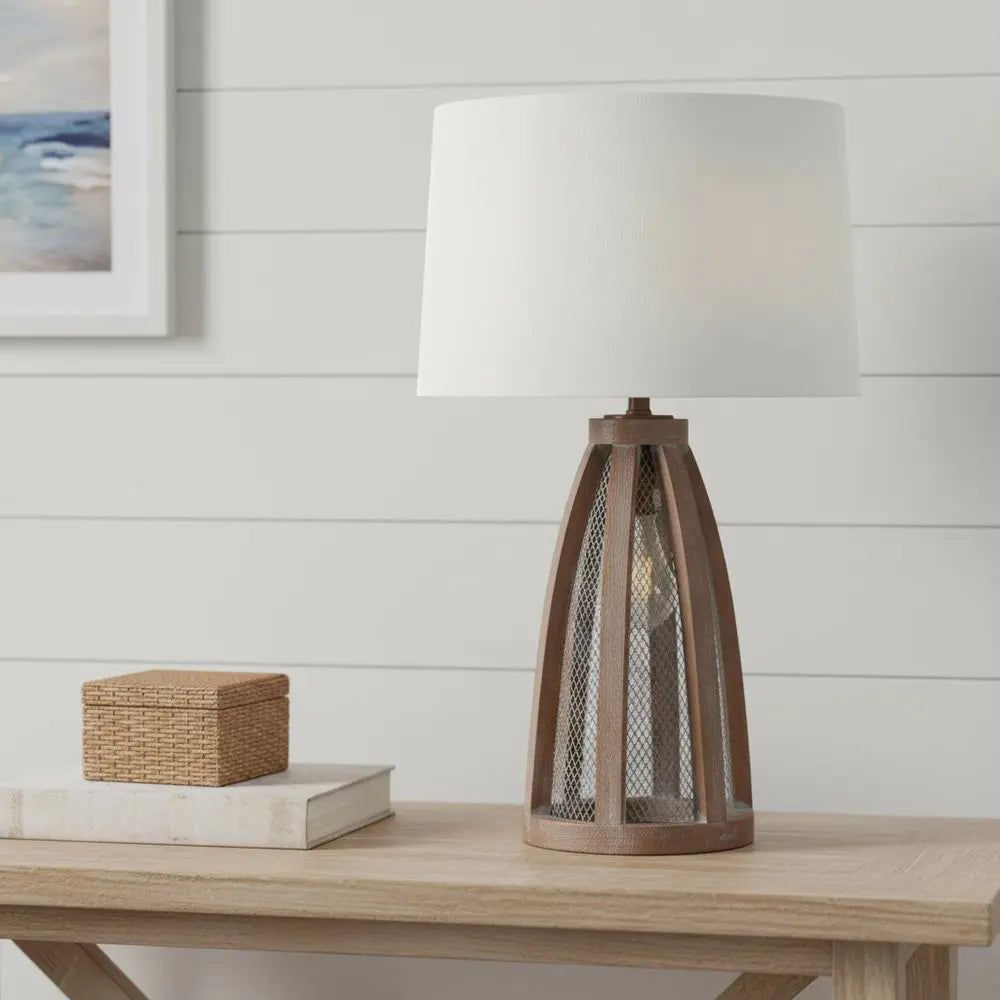 29" Natural Manufactured Wood And Metal Round Table Lamp With White Drum Shade HomeRoots