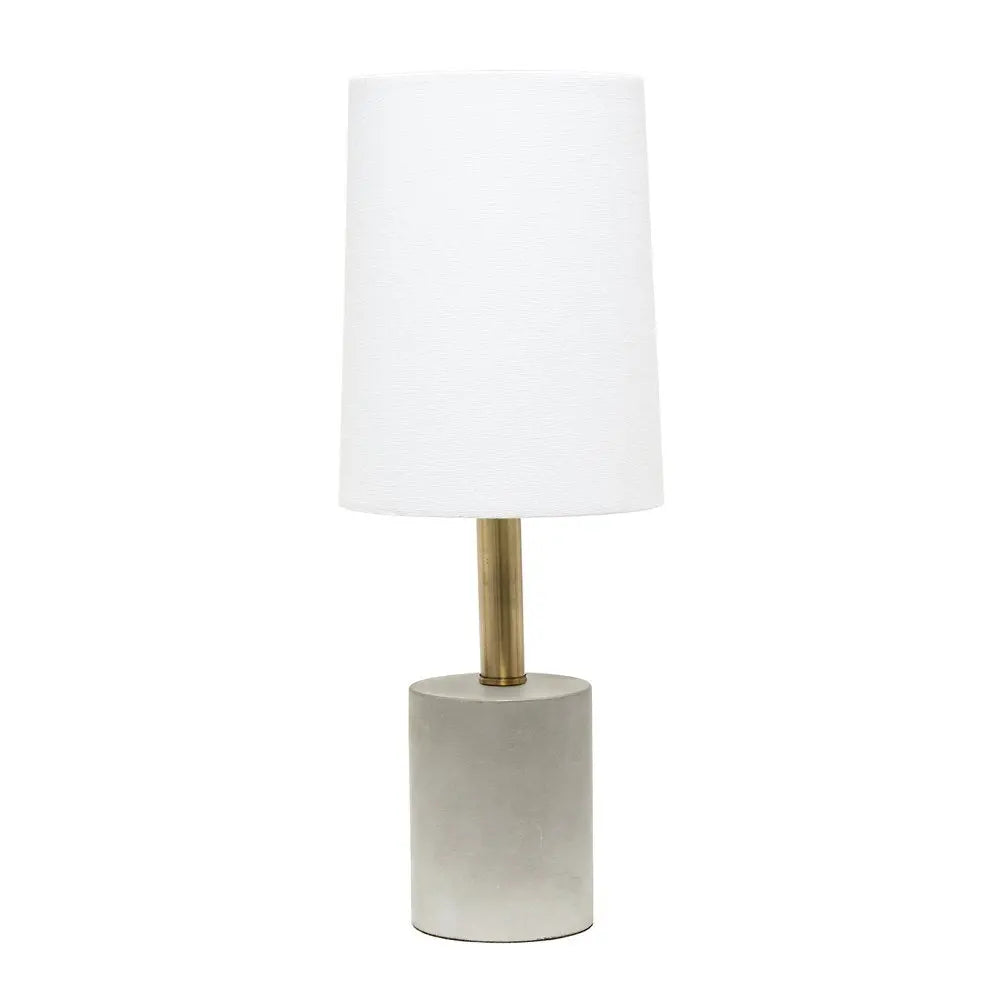 18" Gray And Antiqued Brass Concrete And Metal Table Lamp With White Drum Shade HomeRoots